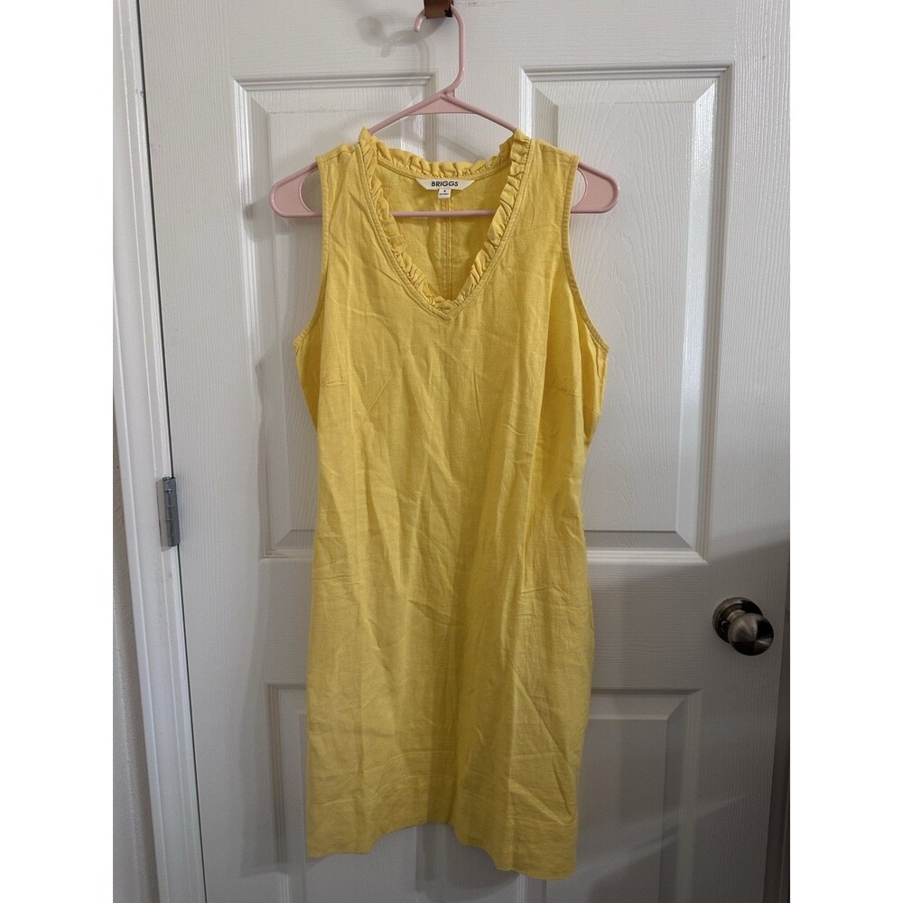 Sunny Yellow Natural Fibers Linen /Cotton Shift Dress With Ruffle V Neck Collar